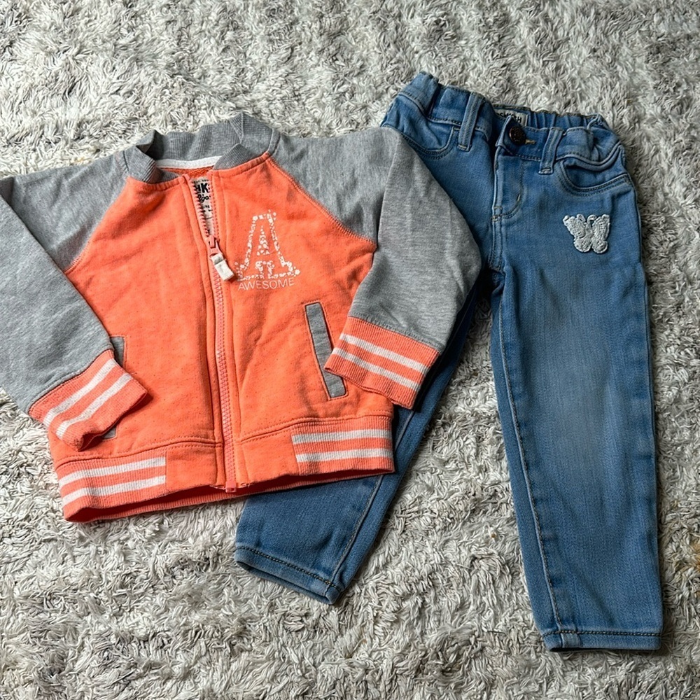 2T Osh Kosh zip up neon, orange and gray hoodie and jeans embroidered butterfly